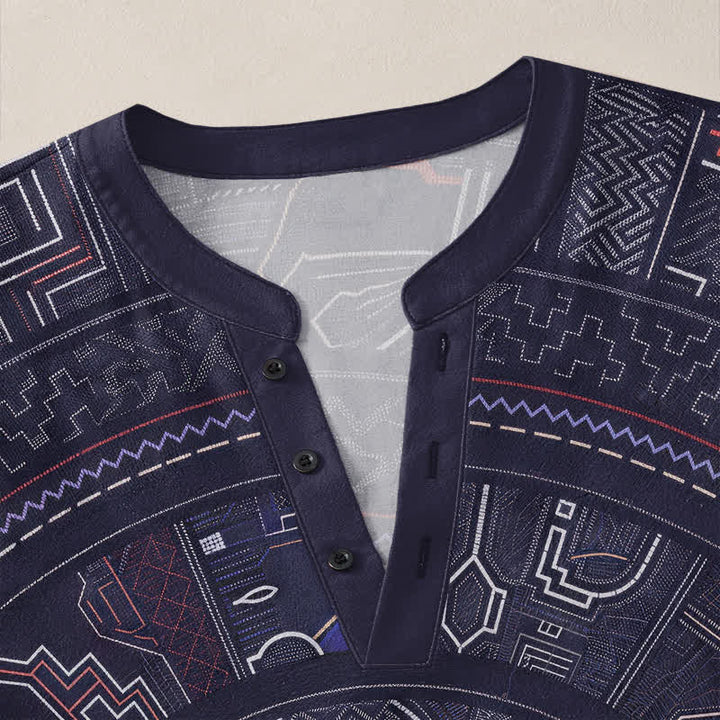Buddha Stones Camicia da uomo a maniche lunghe con scollo a V e bottoni, in cotone, con motivo mandala tribale. - image 4