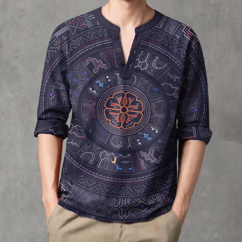 Buddha Stones Camicia da uomo a maniche lunghe con scollo a V e bottoni, in cotone, con motivo mandala tribale. - Marina - US/UK/AU48, EU58 (4XL) - image 0