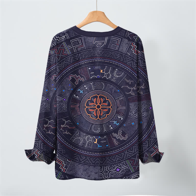 Buddha Stones Camicia da uomo a maniche lunghe con scollo a V e bottoni, in cotone, con motivo mandala tribale. - image 3