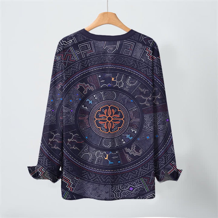 Buddha Stones Camicia da uomo a maniche lunghe con scollo a V e bottoni, in cotone, con motivo mandala tribale. - image 3