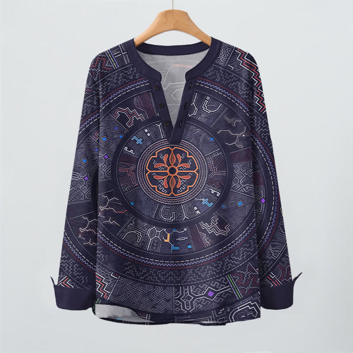 Buddha Stones Camicia da uomo a maniche lunghe con scollo a V e bottoni, in cotone, con motivo mandala tribale. - image 2
