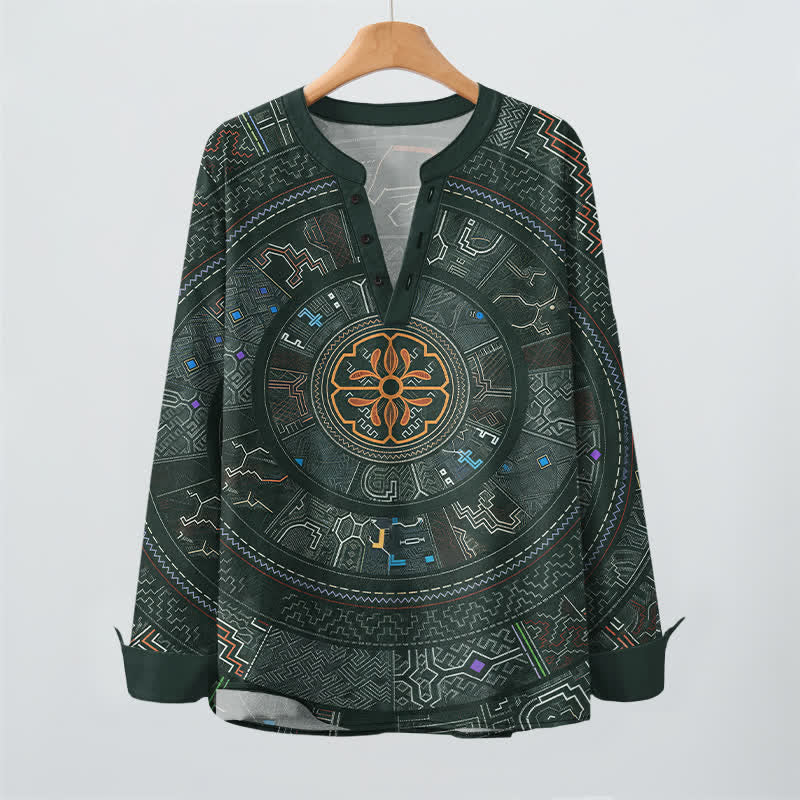 Buddha Stones Camicia da uomo a maniche lunghe con scollo a V e bottoni, in cotone, con motivo mandala tribale. - image 9