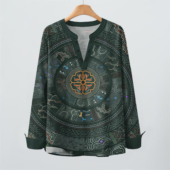 Buddha Stones Camicia da uomo a maniche lunghe con scollo a V e bottoni, in cotone, con motivo mandala tribale. - image 9