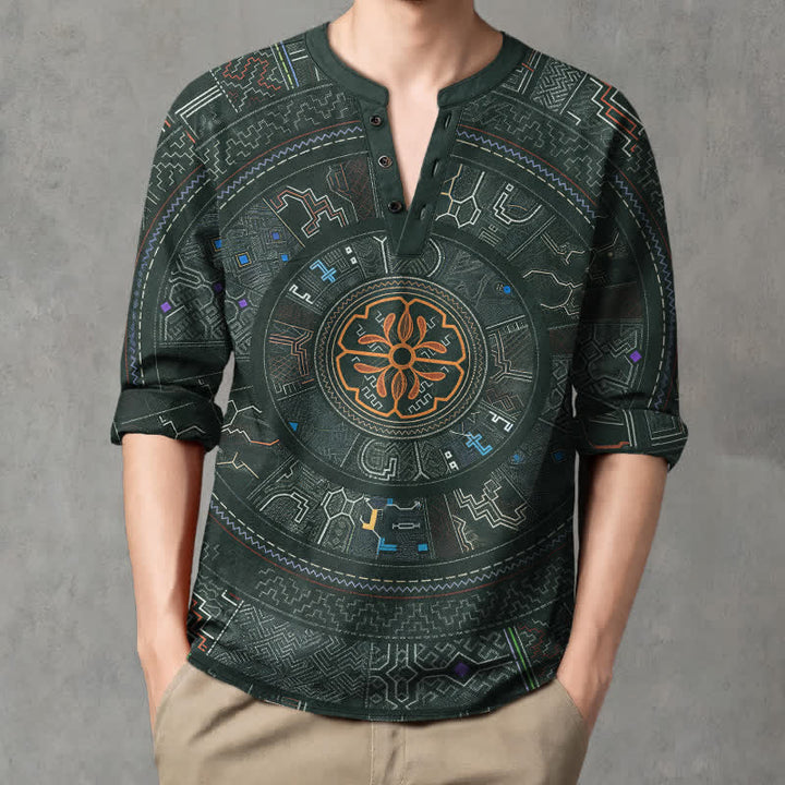 Buddha Stones Camicia da uomo a maniche lunghe con scollo a V e bottoni, in cotone, con motivo mandala tribale. - Verde scuro - US/UK/AU48, EU58 (4XL) - image 7