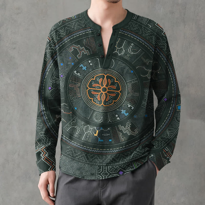 Buddha Stones Camicia da uomo a maniche lunghe con scollo a V e bottoni, in cotone, con motivo mandala tribale. - image 8