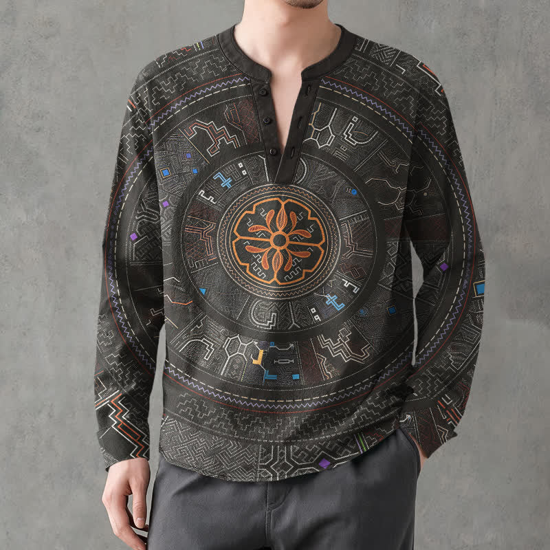 Buddha Stones Camicia da uomo a maniche lunghe con scollo a V e bottoni, in cotone, con motivo mandala tribale. - image 15