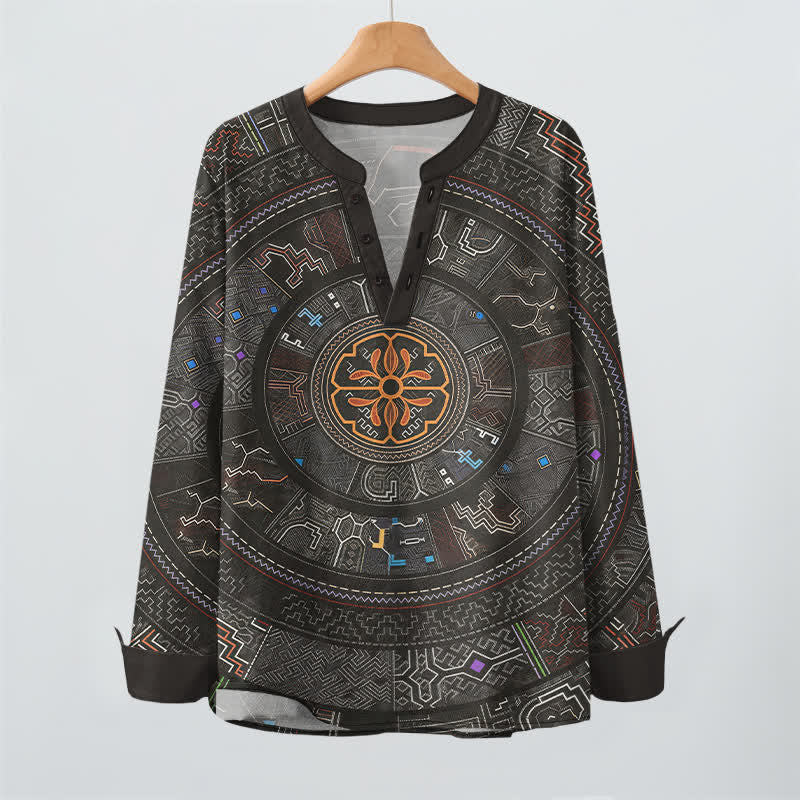 Buddha Stones Camicia da uomo a maniche lunghe con scollo a V e bottoni, in cotone, con motivo mandala tribale. - image 16
