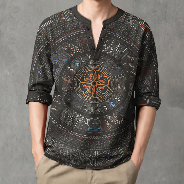 Buddha Stones Camicia da uomo a maniche lunghe con scollo a V e bottoni, in cotone, con motivo mandala tribale. - Nero - US/UK/AU48, EU58 (4XL) - image 14