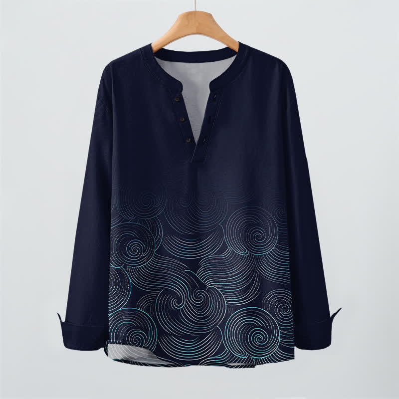 Buddha Stones Camicia da uomo a maniche lunghe con scollo a V e bottoni, in cotone, con motivo a spirale di onde oceaniche. - image 2