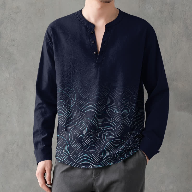Buddha Stones Camicia da uomo a maniche lunghe con scollo a V e bottoni, in cotone, con motivo a spirale di onde oceaniche. - image 1
