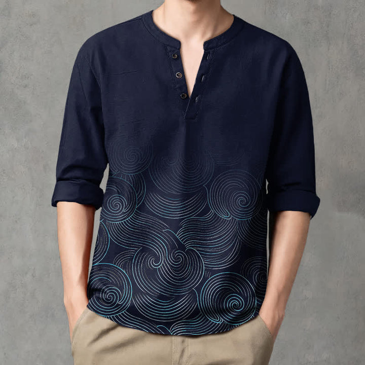 Buddha Stones Camicia da uomo a maniche lunghe con scollo a V e bottoni, in cotone, con motivo a spirale di onde oceaniche. - Marina - US/UK/AU48, EU58 (4XL) - image 0