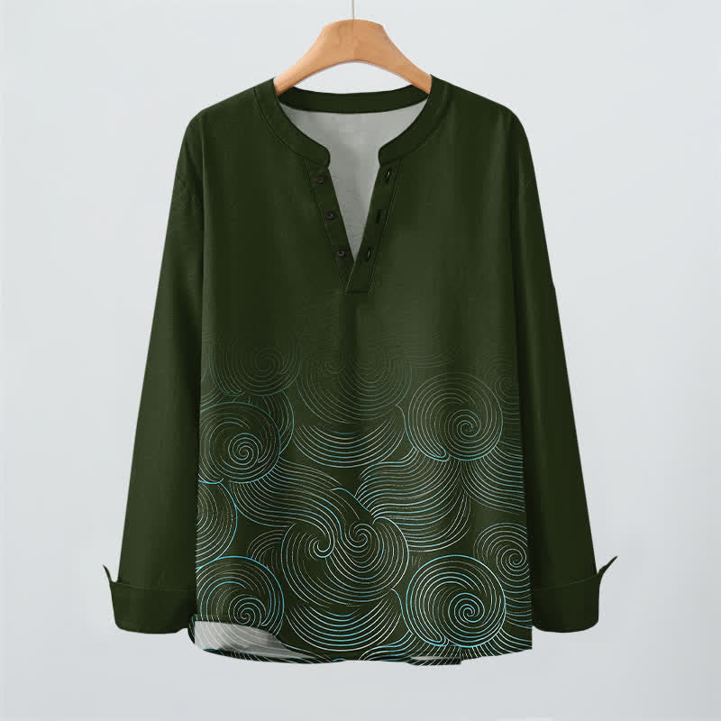 Buddha Stones Camicia da uomo a maniche lunghe con scollo a V e bottoni, in cotone, con motivo a spirale di onde oceaniche. - image 9