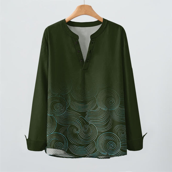 Buddha Stones Camicia da uomo a maniche lunghe con scollo a V e bottoni, in cotone, con motivo a spirale di onde oceaniche. - image 9