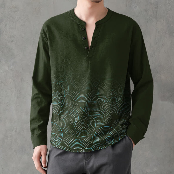 Buddha Stones Camicia da uomo a maniche lunghe con scollo a V e bottoni, in cotone, con motivo a spirale di onde oceaniche. - image 8