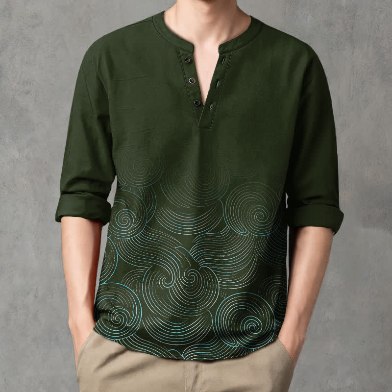 Buddha Stones Camicia da uomo a maniche lunghe con scollo a V e bottoni, in cotone, con motivo a spirale di onde oceaniche. - Verde scuro - US/UK/AU48, EU58 (4XL) - image 7