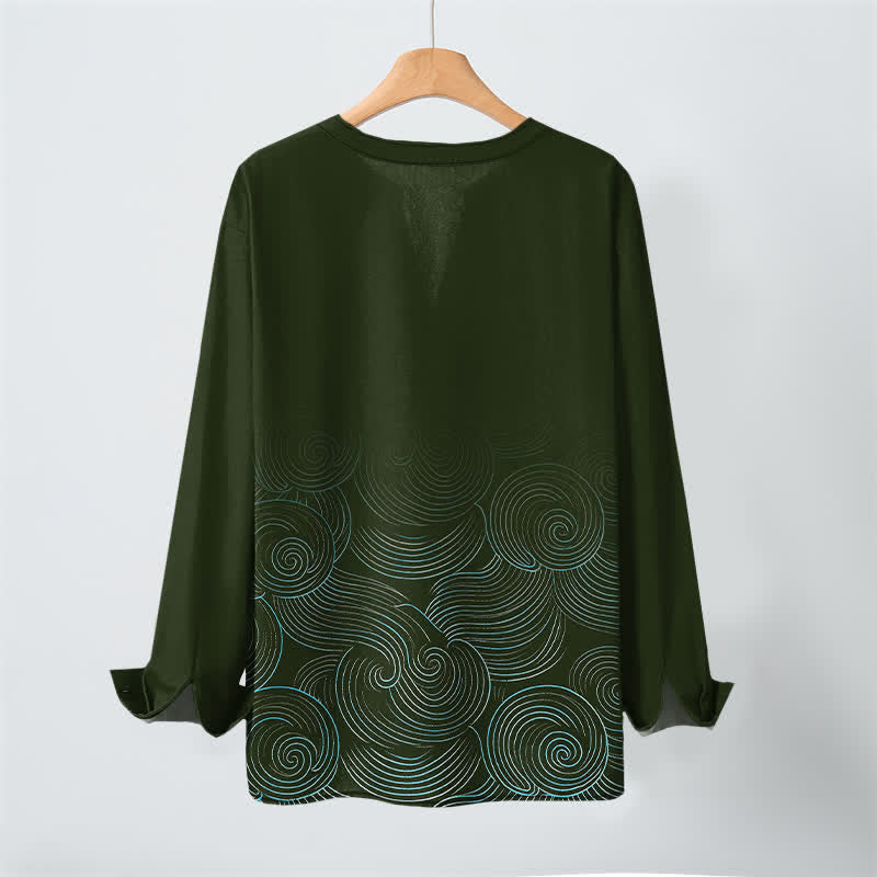 Buddha Stones Camicia da uomo a maniche lunghe con scollo a V e bottoni, in cotone, con motivo a spirale di onde oceaniche. - image 10