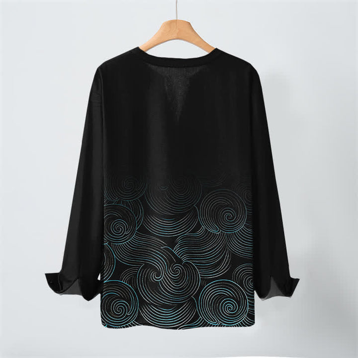 Buddha Stones Camicia da uomo a maniche lunghe con scollo a V e bottoni, in cotone, con motivo a spirale di onde oceaniche. - image 17