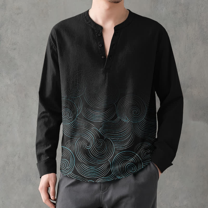 Buddha Stones Camicia da uomo a maniche lunghe con scollo a V e bottoni, in cotone, con motivo a spirale di onde oceaniche. - image 15