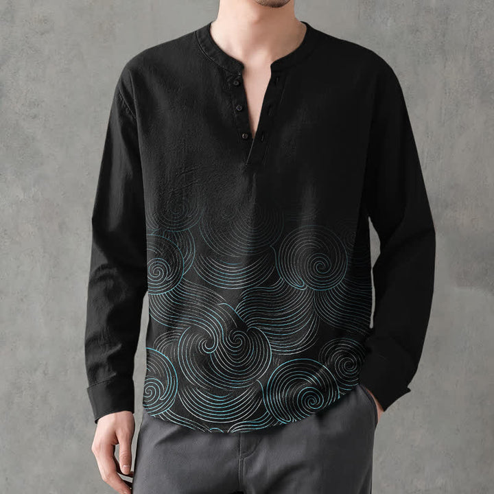 Buddha Stones Camicia da uomo a maniche lunghe con scollo a V e bottoni, in cotone, con motivo a spirale di onde oceaniche. - image 15