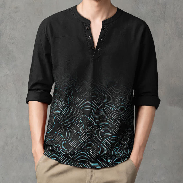 Buddha Stones Camicia da uomo a maniche lunghe con scollo a V e bottoni, in cotone, con motivo a spirale di onde oceaniche. - Nero - US/UK/AU48, EU58 (4XL) - image 14