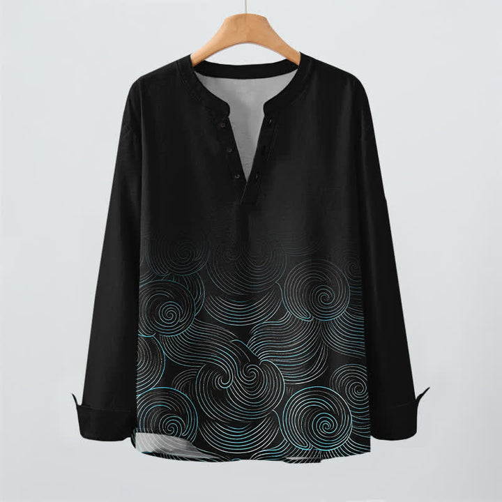 Buddha Stones Camicia da uomo a maniche lunghe con scollo a V e bottoni, in cotone, con motivo a spirale di onde oceaniche. - image 16