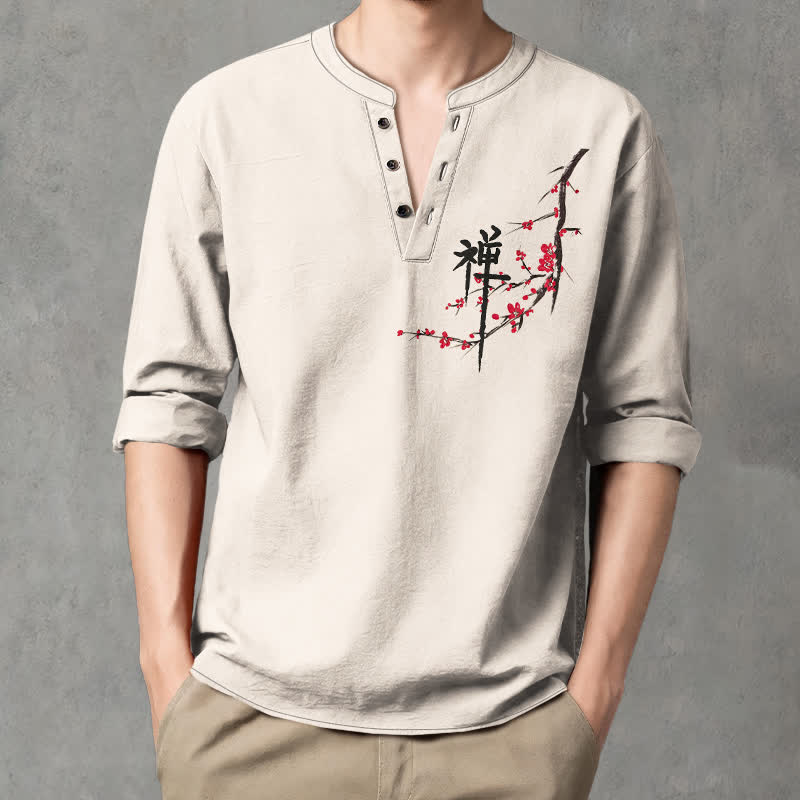 Buddha Stones Camicia da uomo a maniche lunghe con scollo a V e bottoni, in cotone, con motivo floreale Zen e stampa a fiori di pruno. - image 1