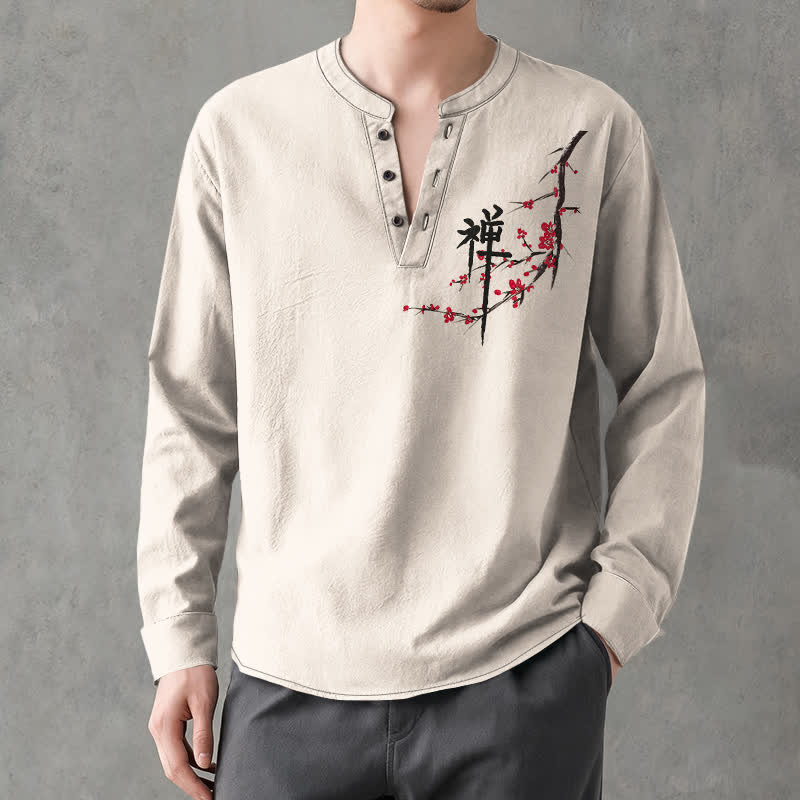 Buddha Stones Camicia da uomo a maniche lunghe con scollo a V e bottoni, in cotone, con motivo floreale Zen e stampa a fiori di pruno. - Biancheria - US/UK/AU48, EU58 (4XL) - image 0