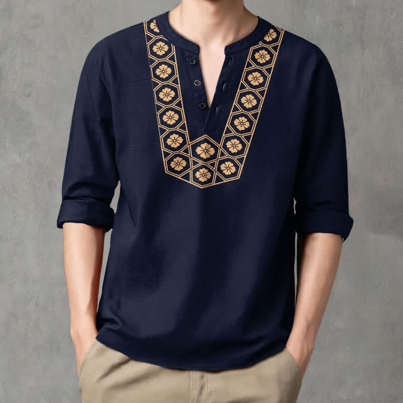 Buddha Stones Camicia da uomo a maniche lunghe con scollo a V e bottoni, in cotone, con motivo floreale etnico a griglia. - Marina - US/UK/AU48, EU58 (4XL) - image 0