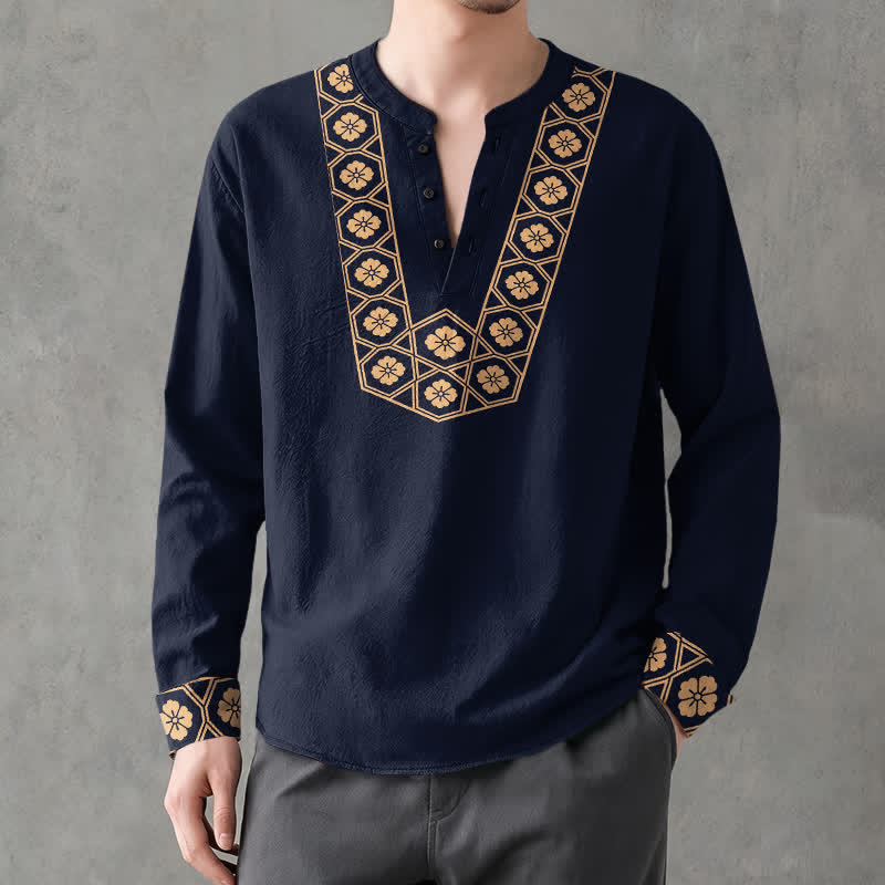 Buddha Stones Camicia da uomo a maniche lunghe con scollo a V e bottoni, in cotone, con motivo floreale etnico a griglia. - image 1
