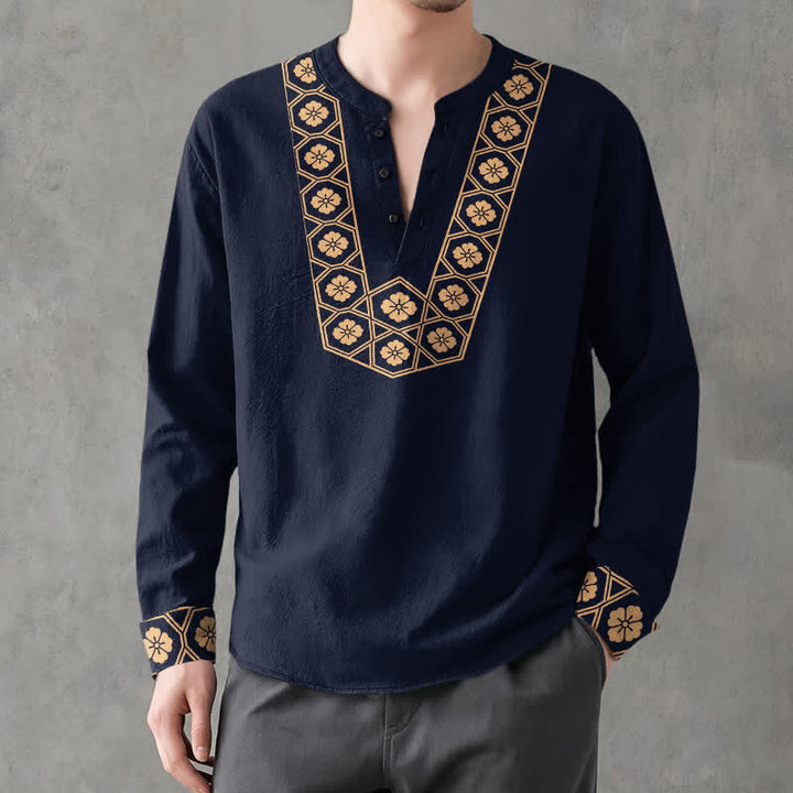 Buddha Stones Camicia da uomo a maniche lunghe con scollo a V e bottoni, in cotone, con motivo floreale etnico a griglia. - image 1