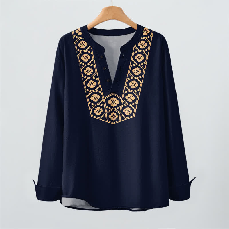 Buddha Stones Camicia da uomo a maniche lunghe con scollo a V e bottoni, in cotone, con motivo floreale etnico a griglia. - image 3