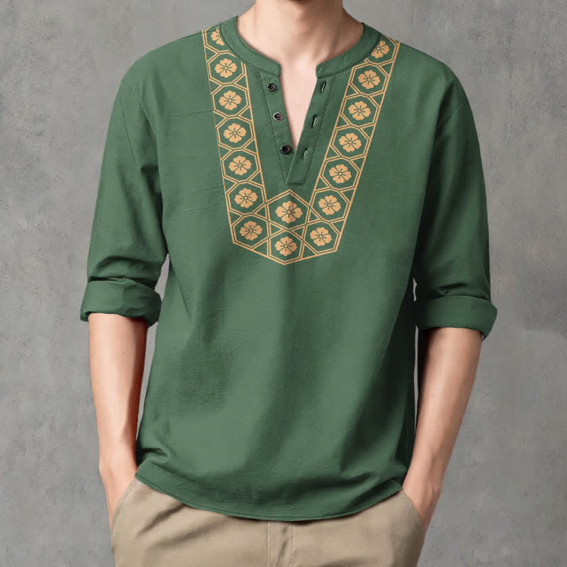 Buddha Stones Camicia da uomo a maniche lunghe con scollo a V e bottoni, in cotone, con motivo floreale etnico a griglia. - Verde studentesco - US/UK/AU48, EU58 (4XL) - image 7