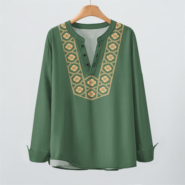 Buddha Stones Camicia da uomo a maniche lunghe con scollo a V e bottoni, in cotone, con motivo floreale etnico a griglia. - image 9