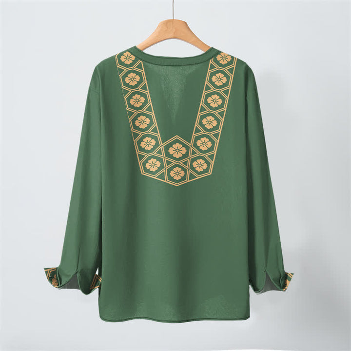 Buddha Stones Camicia da uomo a maniche lunghe con scollo a V e bottoni, in cotone, con motivo floreale etnico a griglia. - image 10