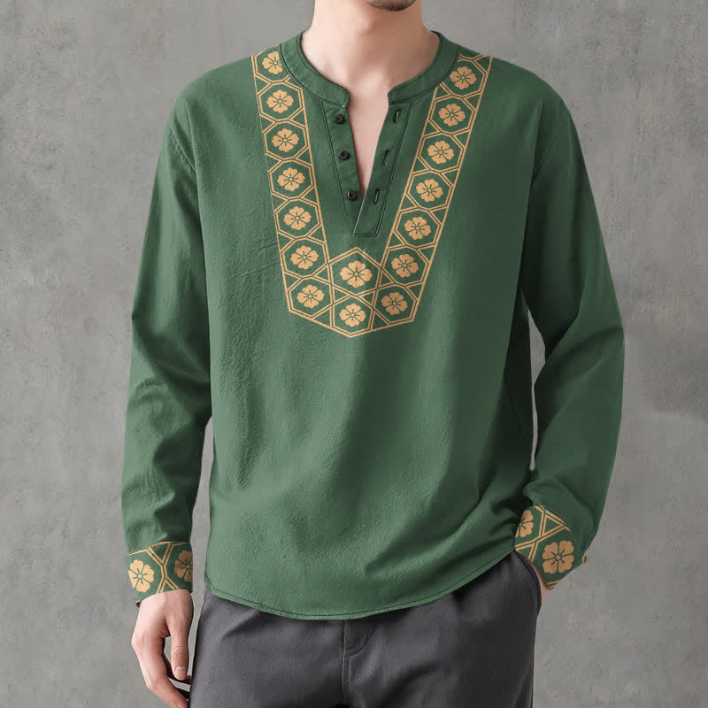 Buddha Stones Camicia da uomo a maniche lunghe con scollo a V e bottoni, in cotone, con motivo floreale etnico a griglia. - image 8