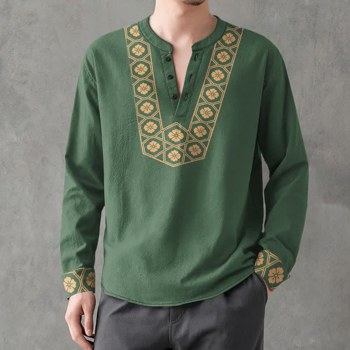 Buddha Stones Camicia da uomo a maniche lunghe con scollo a V e bottoni, in cotone, con motivo floreale etnico a griglia. - image 8