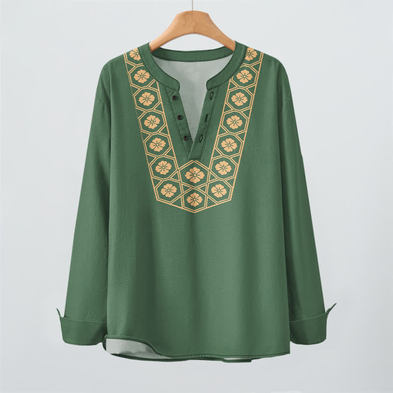 Buddha Stones Camicia da uomo a maniche lunghe con scollo a V e bottoni, in cotone, con motivo floreale etnico a griglia. - image 9