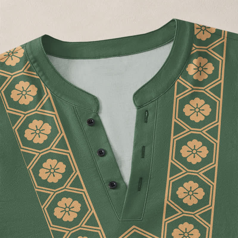 Buddha Stones Camicia da uomo a maniche lunghe con scollo a V e bottoni, in cotone, con motivo floreale etnico a griglia. - image 11