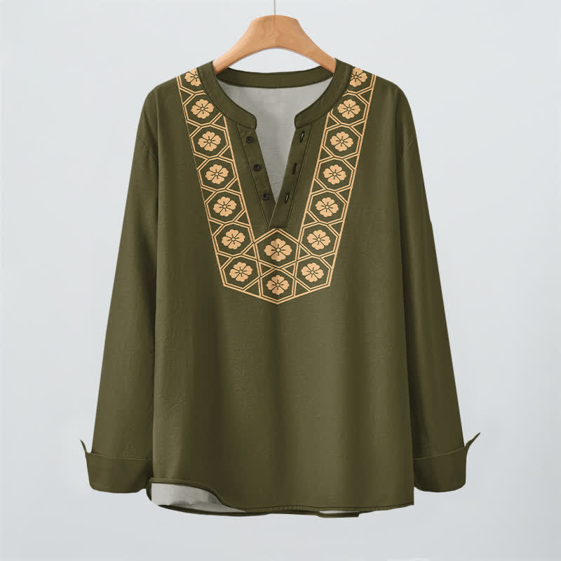Buddha Stones Camicia da uomo a maniche lunghe con scollo a V e bottoni, in cotone, con motivo floreale etnico a griglia. - image 16