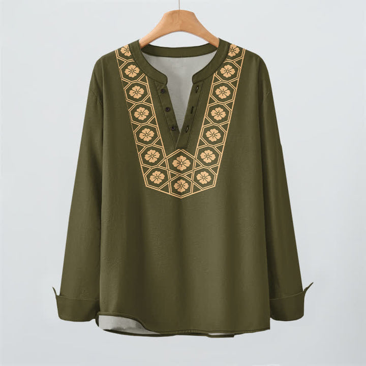 Buddha Stones Camicia da uomo a maniche lunghe con scollo a V e bottoni, in cotone, con motivo floreale etnico a griglia. - image 16