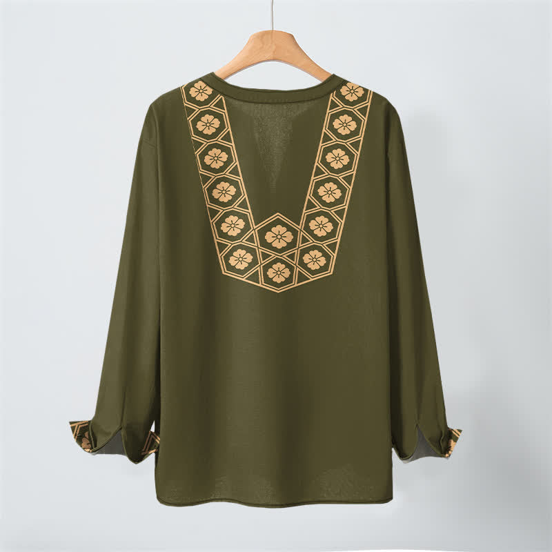 Buddha Stones Camicia da uomo a maniche lunghe con scollo a V e bottoni, in cotone, con motivo floreale etnico a griglia. - image 17
