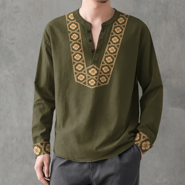 Buddha Stones Camicia da uomo a maniche lunghe con scollo a V e bottoni, in cotone, con motivo floreale etnico a griglia. - image 15
