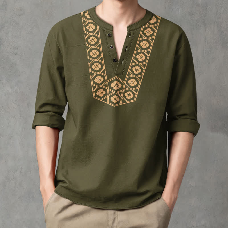 Buddha Stones Camicia da uomo a maniche lunghe con scollo a V e bottoni, in cotone, con motivo floreale etnico a griglia. - Verde oliva scuro - US/UK/AU48, EU58 (4XL) - image 14