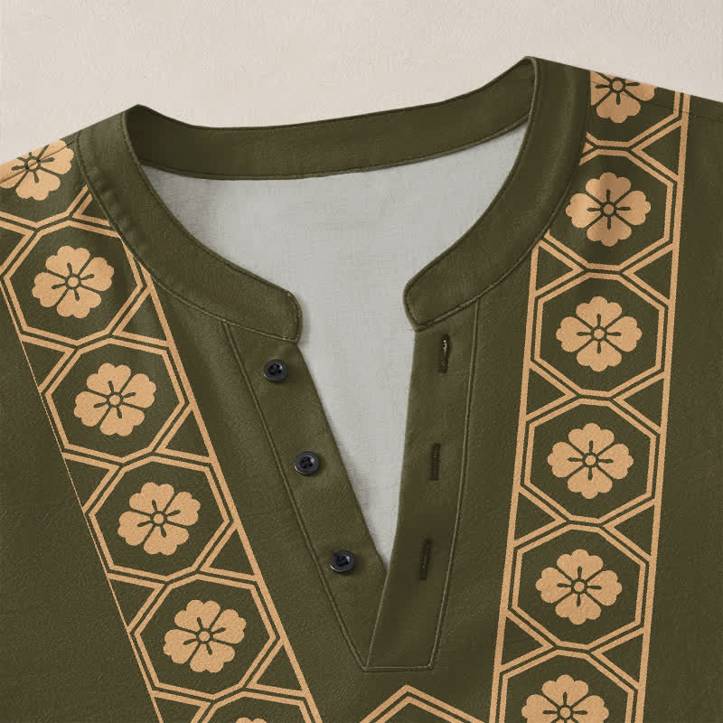 Buddha Stones Camicia da uomo a maniche lunghe con scollo a V e bottoni, in cotone, con motivo floreale etnico a griglia. - image 18