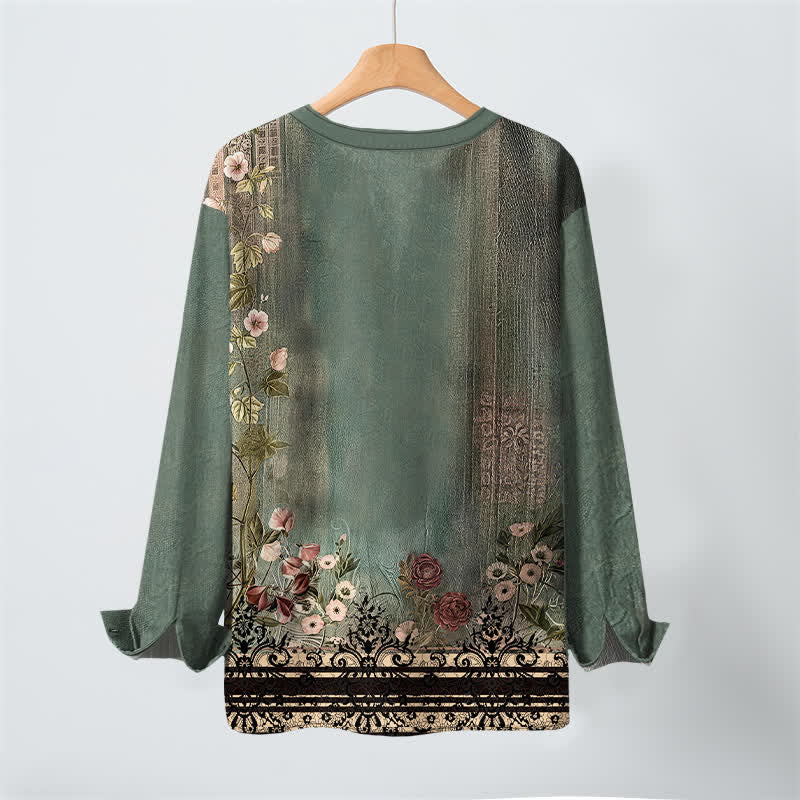 Buddha Stones Camicia da uomo a maniche lunghe con scollo a V e bottoni, in cotone, con motivo floreale vintage a tralci di vite. - image 3