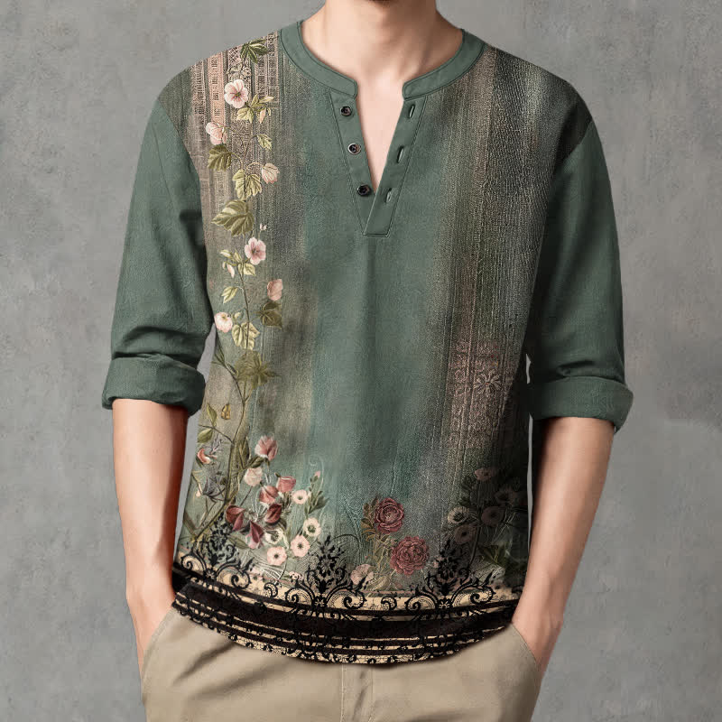 Buddha Stones Camicia da uomo a maniche lunghe con scollo a V e bottoni, in cotone, con motivo floreale vintage a tralci di vite. - image 1