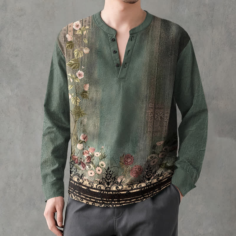 Buddha Stones Camicia da uomo a maniche lunghe con scollo a V e bottoni, in cotone, con motivo floreale vintage a tralci di vite. - Verde mare - US/UK/AU48, EU58 (4XL) - image 0