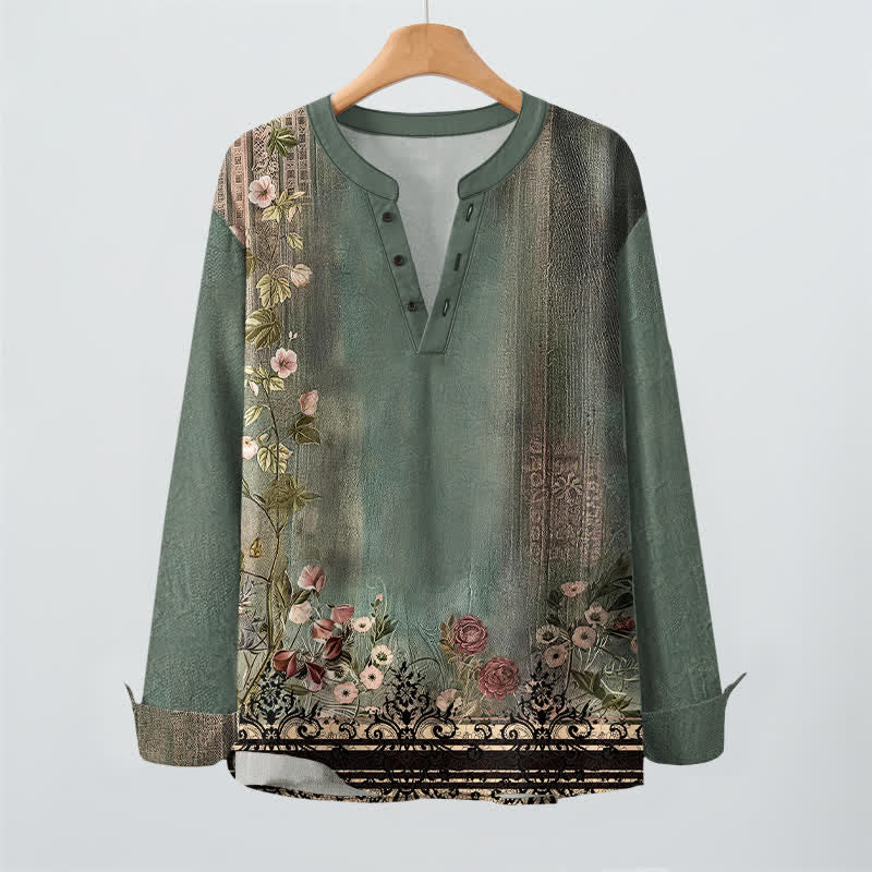 Buddha Stones Camicia da uomo a maniche lunghe con scollo a V e bottoni, in cotone, con motivo floreale vintage a tralci di vite. - image 2