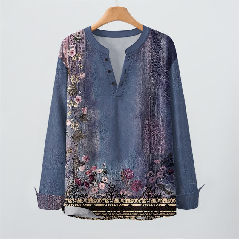 Buddha Stones Camicia da uomo a maniche lunghe con scollo a V e bottoni, in cotone, con motivo floreale vintage a tralci di vite. - image 9