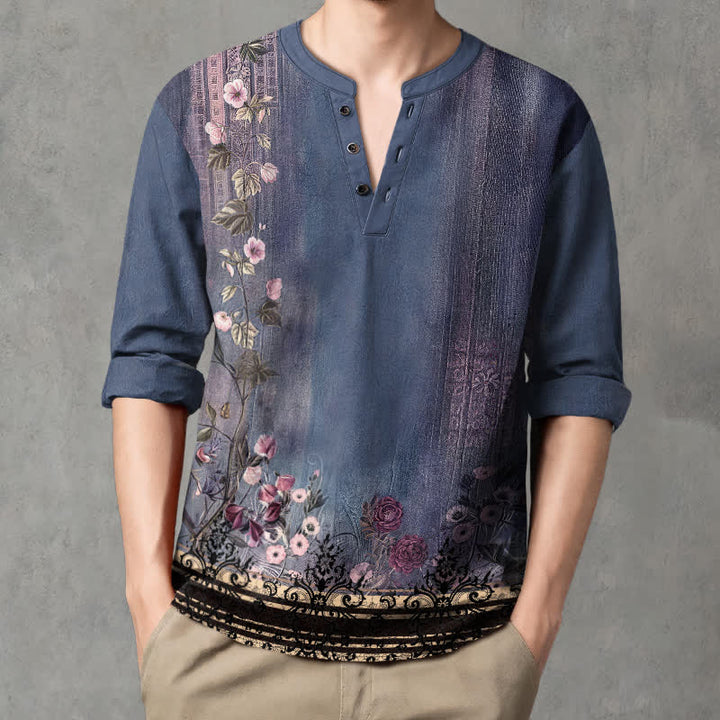 Buddha Stones Camicia da uomo a maniche lunghe con scollo a V e bottoni, in cotone, con motivo floreale vintage a tralci di vite. - image 8